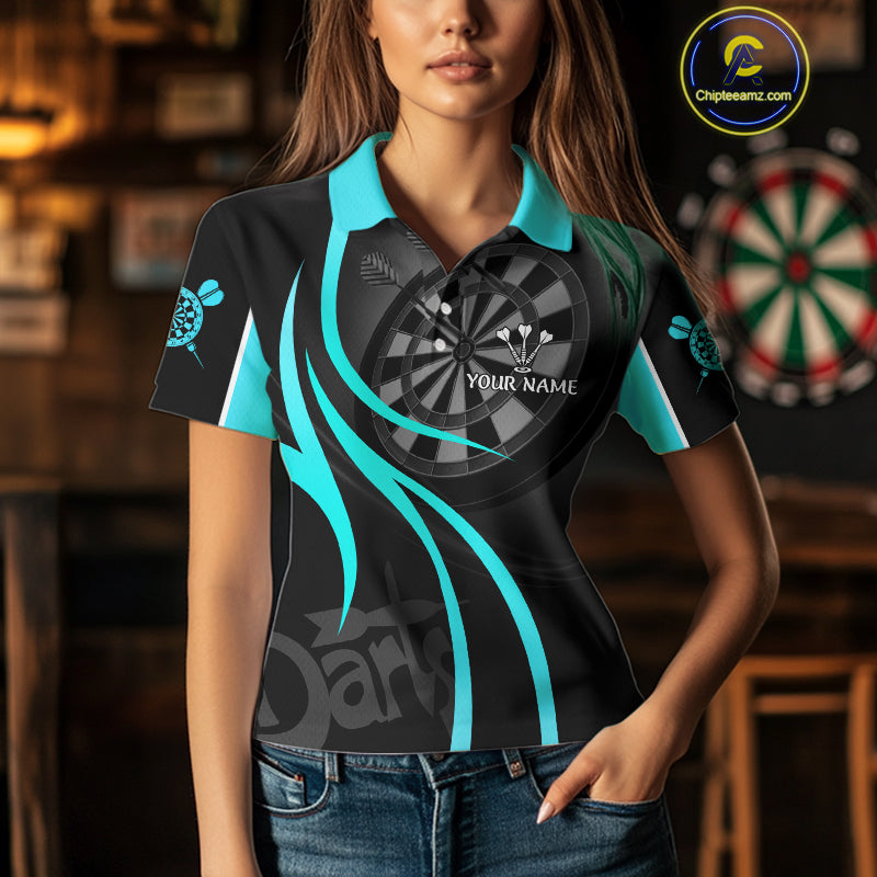 Black And Cyan Darts Jersey For Women Custom Team Polo & Quarter Zip Darts Shirt Uniform TDM4489