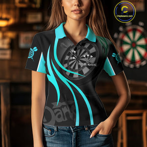 Black And Cyan Darts Jersey For Women Custom Team Polo & Quarter Zip Darts Shirt Uniform TDM4489