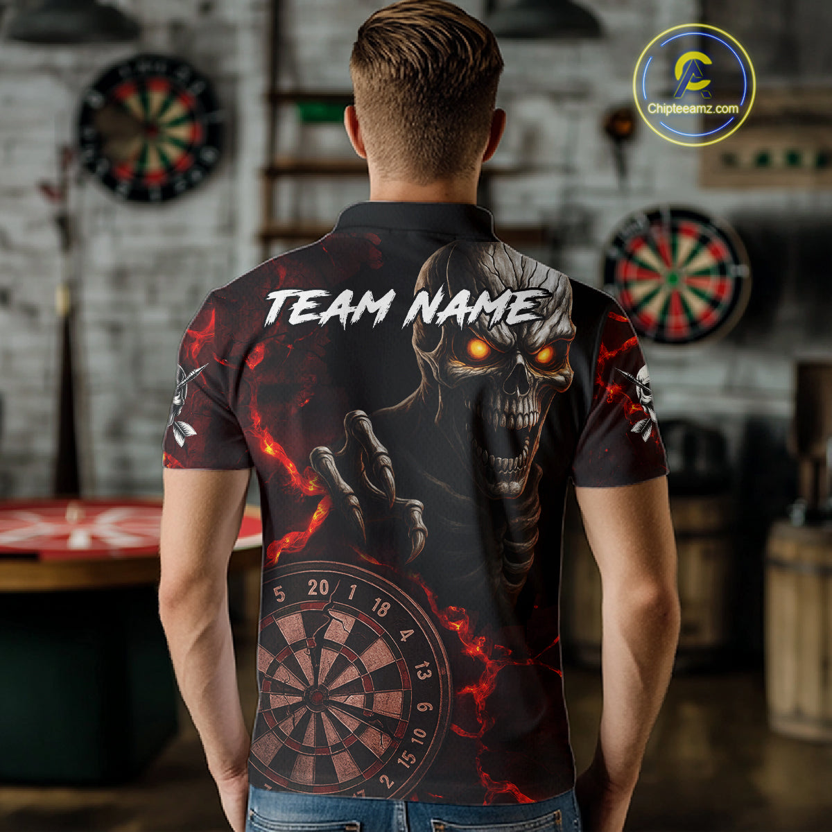 Personalized Skull Darts Polo & Quarter Zip For Men Custom Fire Darts League Team Jersey |Red TDM4718