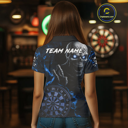 Personalized Skull Darts Polo & Quarter Zip For Women Custom Fire Darts League Team Jersey |Blue TDM4719