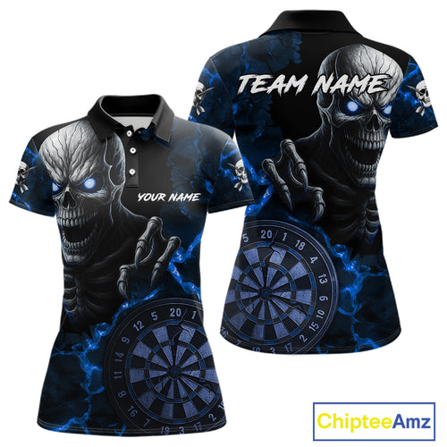 Personalized Skull Darts Polo & Quarter Zip For Women Custom Fire Darts League Team Jersey |Blue TDM4719