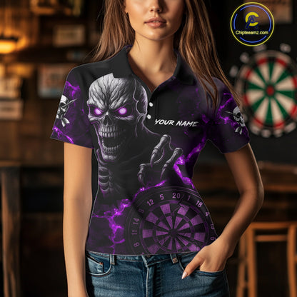 Personalized Skull Darts Polo & Quarter Zip For Women Custom Fire Darts League Team Jersey |Purple TDM4720