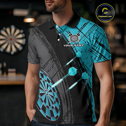 Grunge Cyan Black Dartboard Light Men Darts Polo & 1/4 Zip Custom Dart Shirt For Team Dart Jersey TDM4127