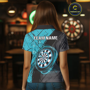 Grunge Cyan Black Dartboard Light Women Darts Polo & 1/4 Zip Custom Dart Shirt For Team Dart Jersey TDM4127