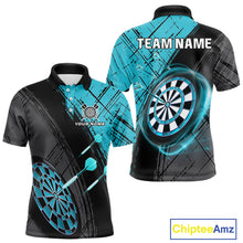Load image into Gallery viewer, Grunge Cyan Black Dartboard Light Men Darts Polo &amp; 1/4 Zip Custom Dart Shirt For Team Dart Jersey TDM4127