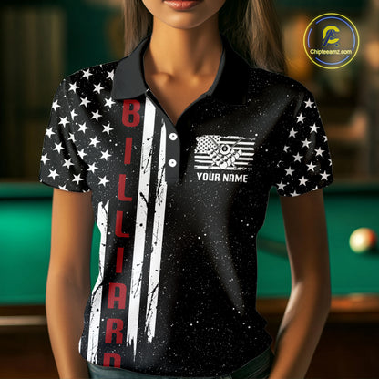 Grunge USA Flag Billiard Jerseys For Women Custom Patriotic Billiard Polo & Quarter Zip Team Shirt TDM4130