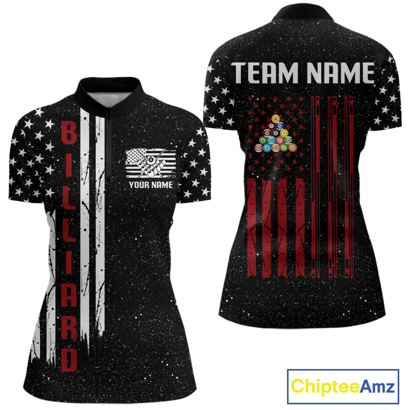 Grunge USA Flag Billiard Jerseys For Women Custom Patriotic Billiard Polo & Quarter Zip Team Shirt TDM4130
