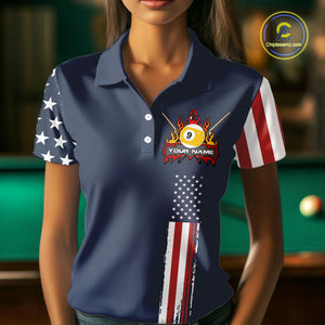 Personalized American Flag Blue Navy 9 Ball Pool Team Shirt For Women Custom Patriotic Billiard Shirt TDM4735