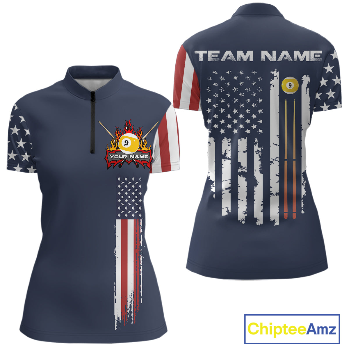 Personalized American Flag Blue Navy 9 Ball Pool Team Shirt For Women Custom Patriotic Billiard Shirt TDM4735