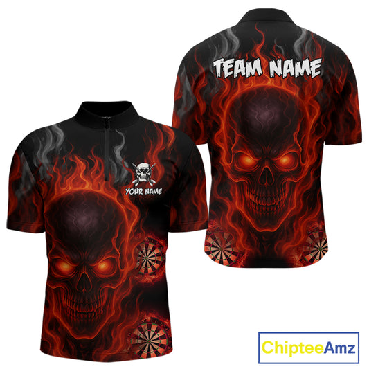 Flaming Skull Darts Shirt For Men Custom Red Darts Jerseys Team Polo & Quarter Zip, Darts Gifts TDM4135