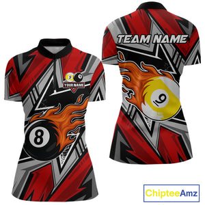 Personalized Women's Billiard Shirts, Flame 8&9 Ball Custom Red Zig-Zag Billiard Team Jerseys TDM4137