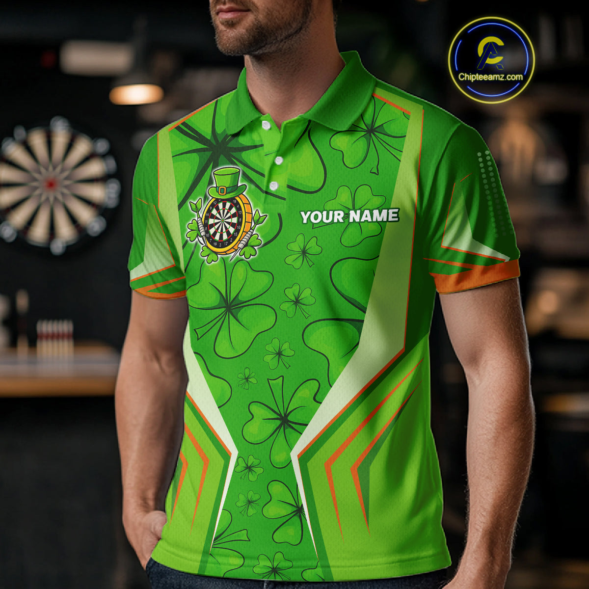 Green Luckiest Shamrock Men's Darts Shirt Custom St Patrick Day Darts Jersey Team Polo & 1/4 Zip TDM4745