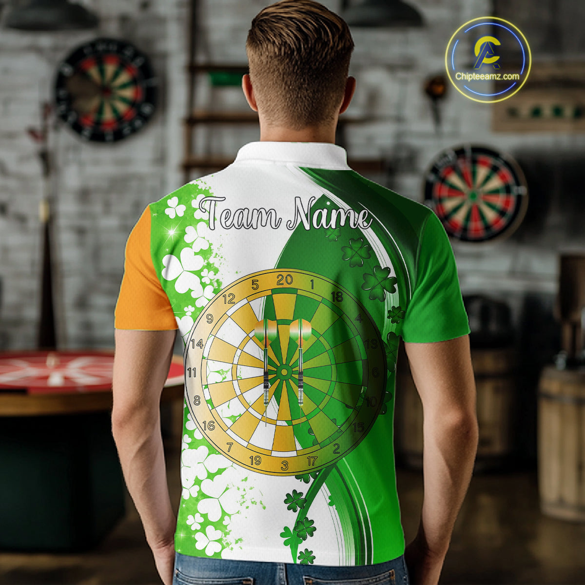 Green And Orange Glowing Shamrock Luckiest Dart Shirts For Men Custom St Patrick Day Darts Jersey TDM4750