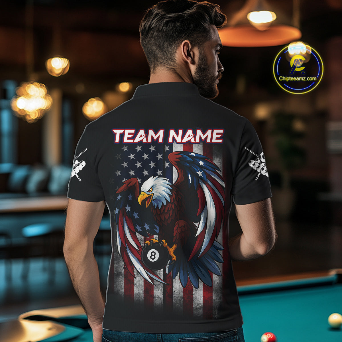 Grunge American Flag Eagle 8 Ball Billiard Polo & 1/4 Zip Custom Men's Patriotic Pool Team Jersey TDM4515