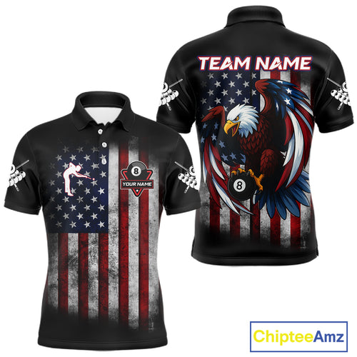 Grunge American Flag Eagle 8 Ball Billiard Polo & 1/4 Zip Custom Men's Patriotic Pool Team Jersey TDM4515