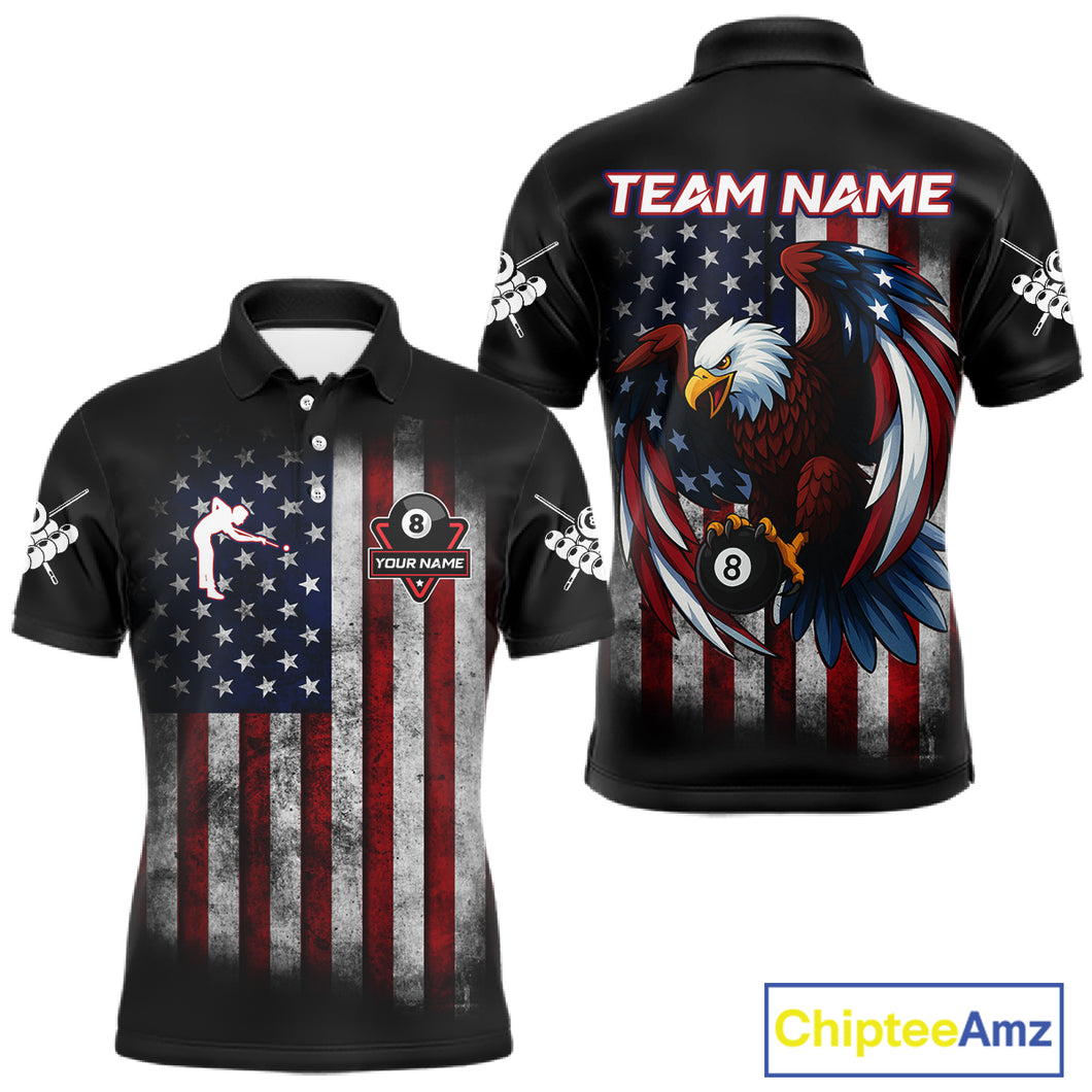 Grunge American Flag Eagle 8 Ball Billiard Polo & 1/4 Zip Custom Men's Patriotic Pool Team Jersey TDM4515