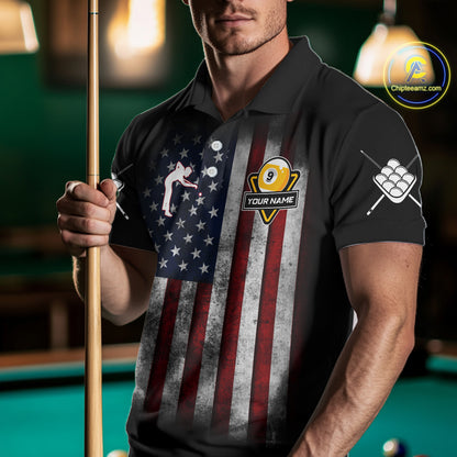 Grunge American Flag Eagle 9 Ball Billiard Polo & 1/4 Zip Custom Men's Patriotic Pool Team Jersey TDM4516