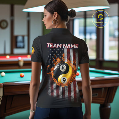Grunge American Flag 8 & 9 Ball Yin-Yang Billiard Polo & 1/4 Zip Custom Pool Team Jersey For Women TDM4517