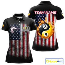Load image into Gallery viewer, Grunge American Flag 8 &amp; 9 Ball Yin-Yang Billiard Polo &amp; 1/4 Zip Custom Pool Team Jersey For Women TDM4517