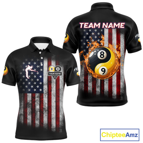 Grunge American Flag 8 & 9 Ball Yin-Yang Billiard Polo & 1/4 Zip Custom Pool Team Jersey For Men TDM4517