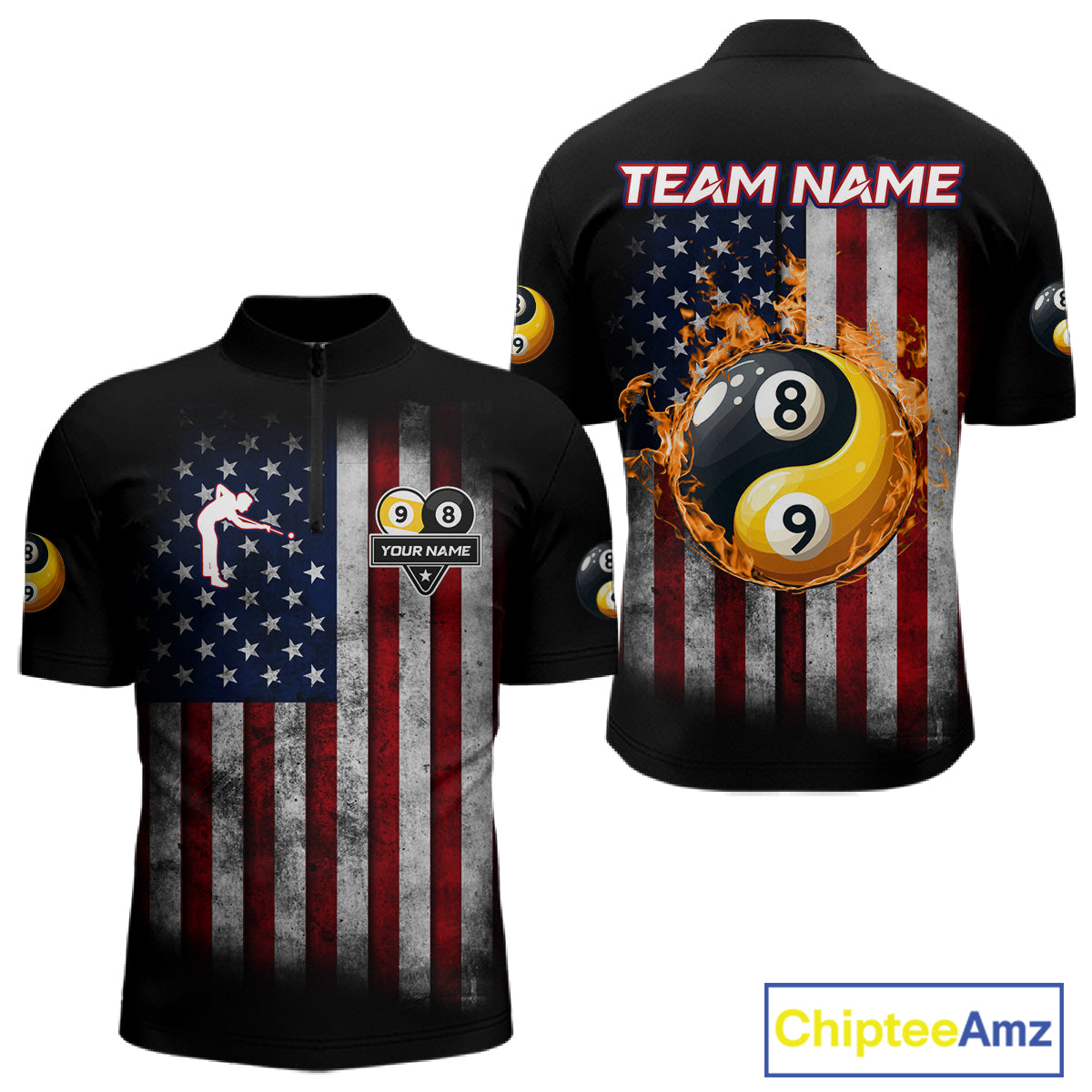 Grunge American Flag 8 & 9 Ball Yin-Yang Billiard Polo & 1/4 Zip Custom Pool Team Jersey For Men TDM4517