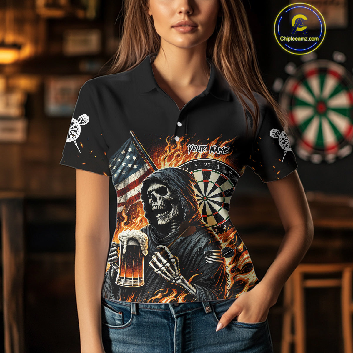 Flaming Grim Reaper Beer Darts Shirt Custom US Flag Darts Polo & Quarter Zip Jerseys For Women TDM4526