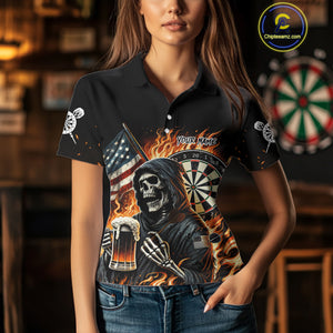 Flaming Grim Reaper Beer Darts Shirt Custom US Flag Darts Polo & Quarter Zip Jerseys For Women TDM4526