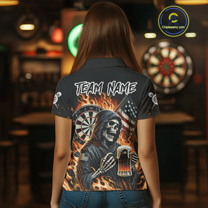 Flaming Grim Reaper Beer Darts Shirt Custom US Flag Darts Polo & Quarter Zip Jerseys For Women TDM4526