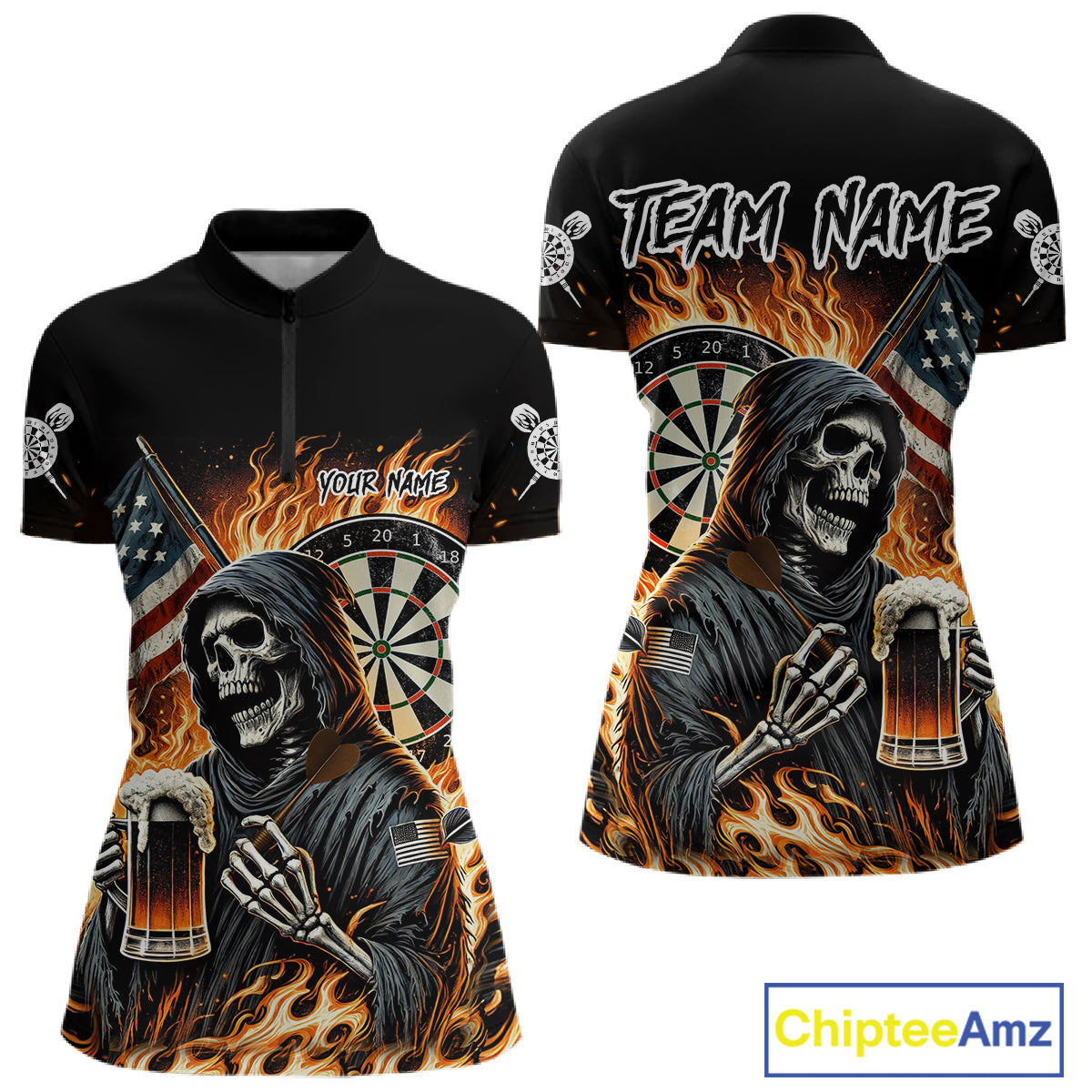 Flaming Grim Reaper Beer Darts Shirt Custom US Flag Darts Polo & Quarter Zip Jerseys For Women TDM4526