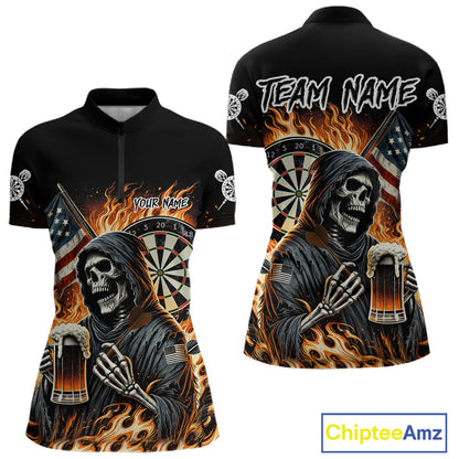 Flaming Grim Reaper Beer Darts Shirt Custom US Flag Darts Polo & Quarter Zip Jerseys For Women TDM4526