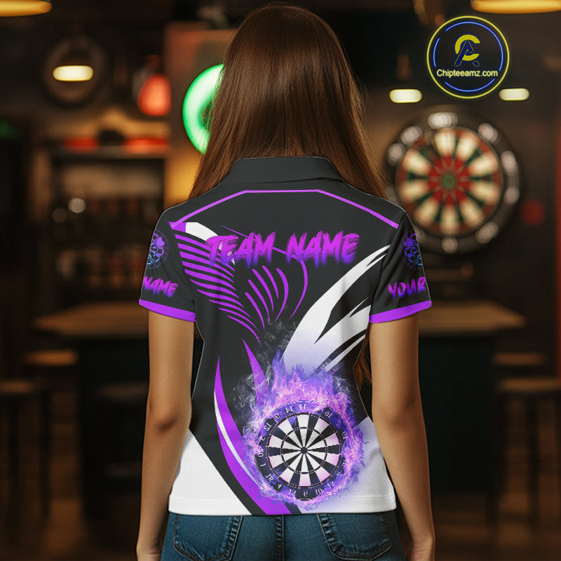 Personalized Purple Flame Dartboard Custom Darts Shirt For Women, Darts Jerseys Team Polo & 1/4 Zip TDM4404