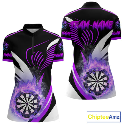 Personalized Purple Flame Dartboard Custom Darts Shirt For Women, Darts Jerseys Team Polo & 1/4 Zip TDM4404