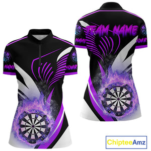 Personalized Purple Flame Dartboard Custom Darts Shirt For Women, Darts Jerseys Team Polo & 1/4 Zip TDM4404