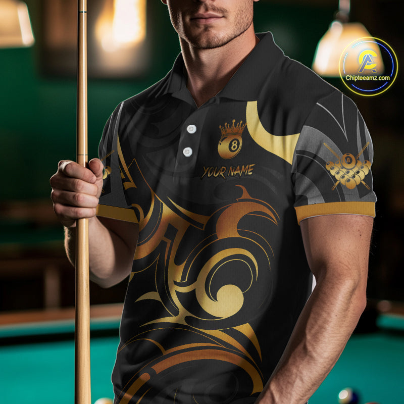Black And Gold 8 Ball Crown Tribal Billiard Shirt For Men Custom Pool Team Jersey Polo & 1/4 Zip TDM4415