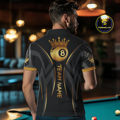 Black And Gold 8 Ball Crown Tribal Billiard Shirt For Men Custom Pool Team Jersey Polo & 1/4 Zip TDM4415