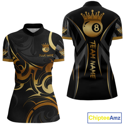 Black And Gold 8 Ball Crown Tribal Billiard Shirt For Women Custom Pool Team Jersey Polo & 1/4 Zip TDM4415