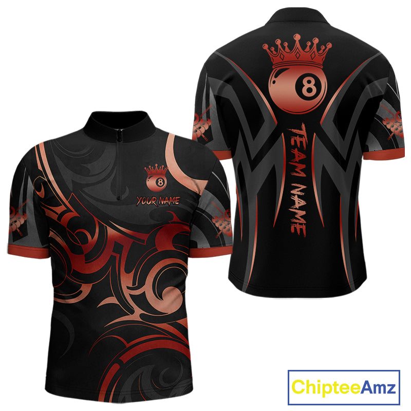 Black And Red 8 Ball Crown Tribal Billiard Shirt For Men Custom Pool Team Jersey Polo & 1/4 Zip TDM4416