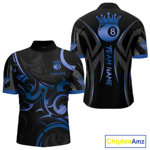 Black And Blue 8 Ball Crown Tribal Billiard Shirt For Men Custom Pool Team Jersey Polo & 1/4 Zip TDM4417