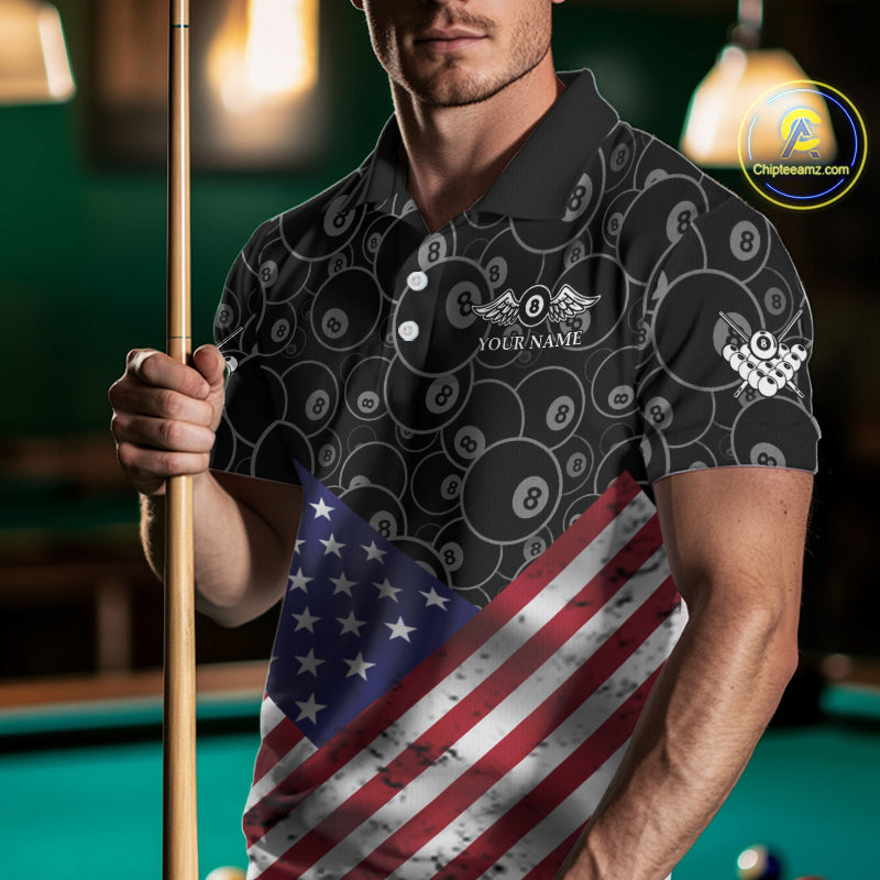 Personalized American Flag 8 Ball Wings Billiard Shirt For Men, Patriotic Pool Team Jerseys TDM4435