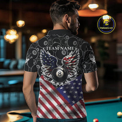 Personalized American Flag 8 Ball Wings Billiard Shirt For Men, Patriotic Pool Team Jerseys TDM4435