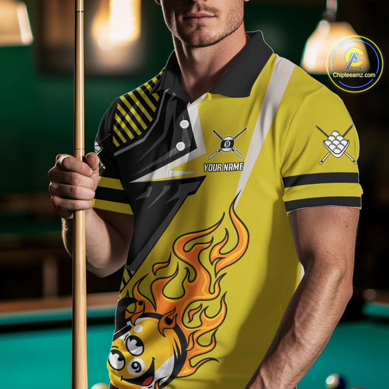 Personalized Yellow Black Funny 9 Ball Flame Billiard Shirt For Men Custom 9 Ball Pool Team Jersey TDM4455