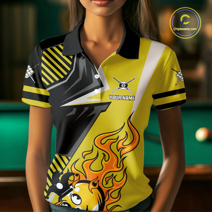 Personalized Yellow Black Funny 9 Ball Flame Billiard Shirt For Women Custom 9 Ball Pool Team Jersey TDM4455