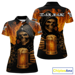 Personalized Funny Death Skeleton & Beer Fire Darts Shirt For Women, Dart Jersey Team Polo & 1/4 Zip TDM4486