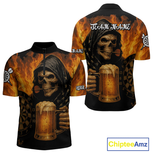 Personalized Funny Grim Reaper & Beer Fire Darts Shirt For Men, Dart Jersey Team Polo & 1/4 Zip TDM4486