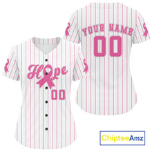 Load image into Gallery viewer, Pink Ribbon Pinstripe Baseball Jersey Custom Breast Cancer Awareness Baseball Shirt For Women NYN0874