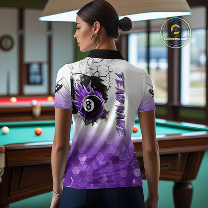 Custom White And Purple Hexagon 8 Ball Flame Billiard Shirt For Women, Funny Pool Team Jersey TDM4553
