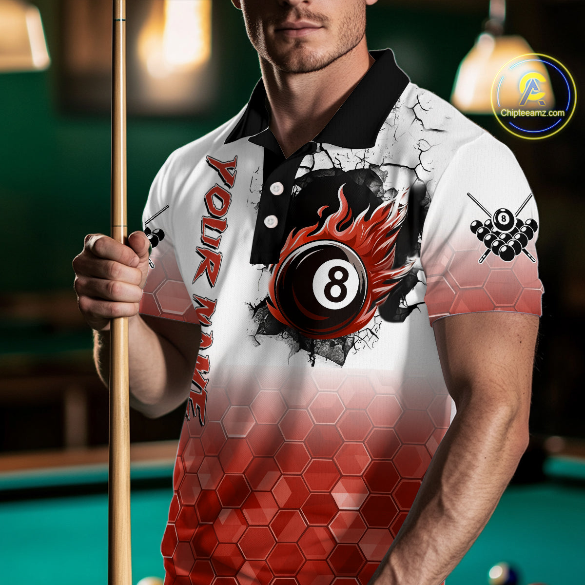 Custom White And Red Hexagon 8 Ball Flame Billiard Shirt For Men, Funny Pool Team Jersey TDM4554