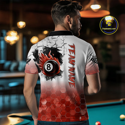 Custom White And Red Hexagon 8 Ball Flame Billiard Shirt For Men, Funny Pool Team Jersey TDM4554