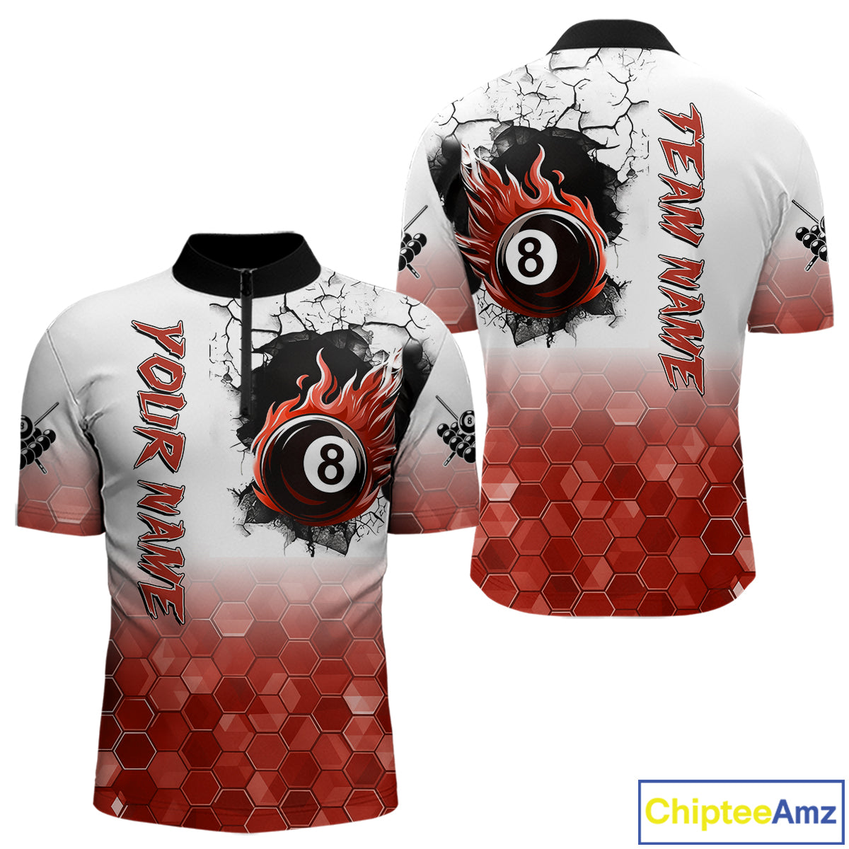 Custom White And Red Hexagon 8 Ball Flame Billiard Shirt For Men, Funny Pool Team Jersey TDM4554