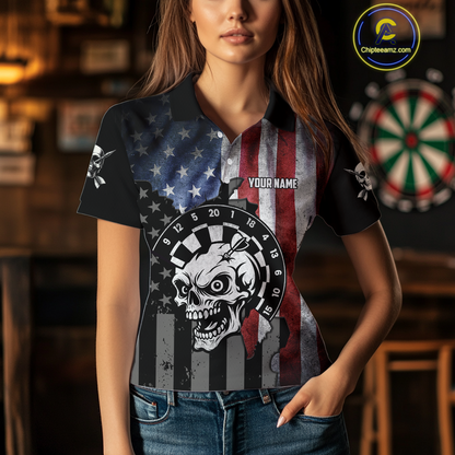 Personalized Funny Skull American Flag Dart Shirt For Women Custom Patriotic Darts Team Jerseys TDM4172